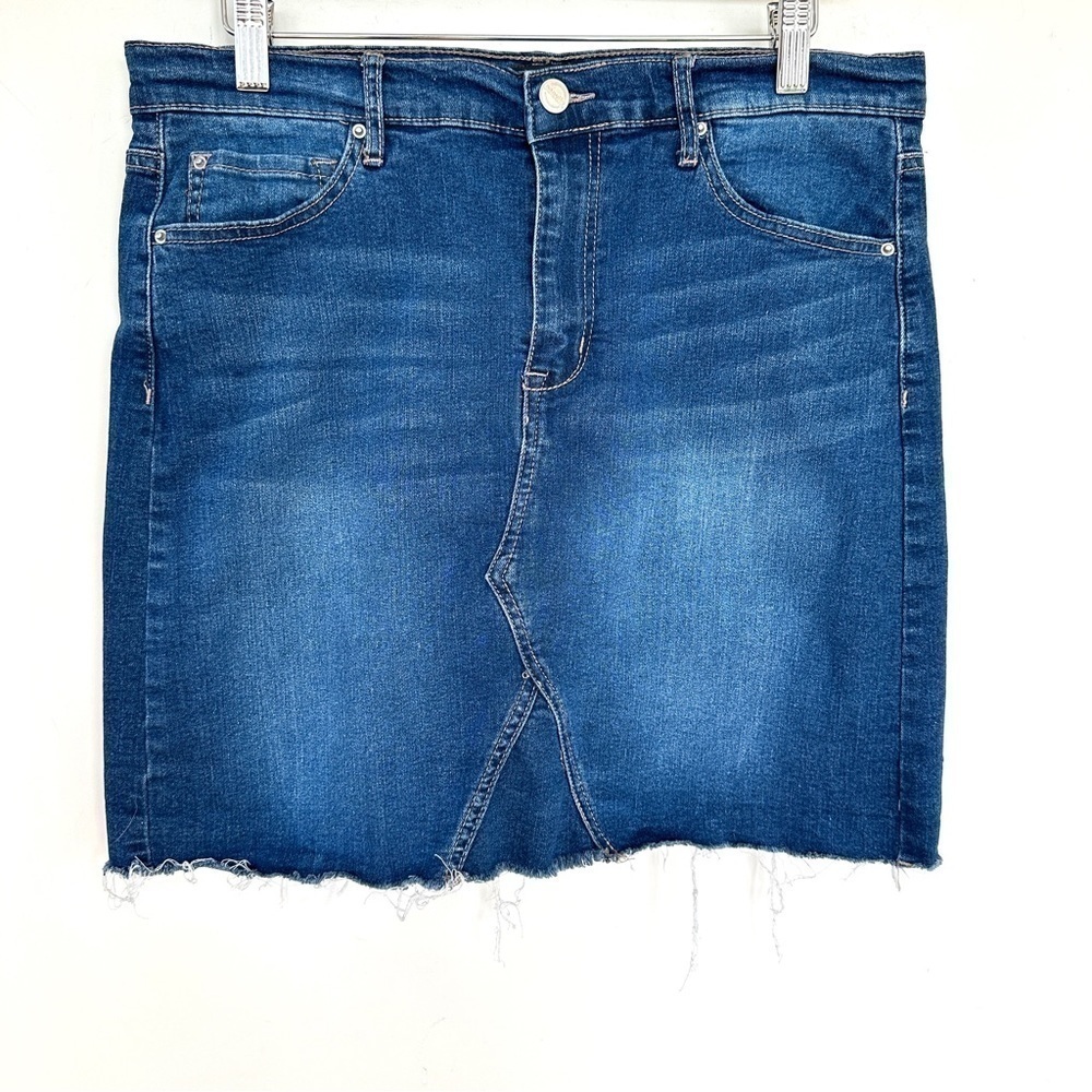 Nanette Lepore mini skirt with frayed hem, stretch denim fabric blend